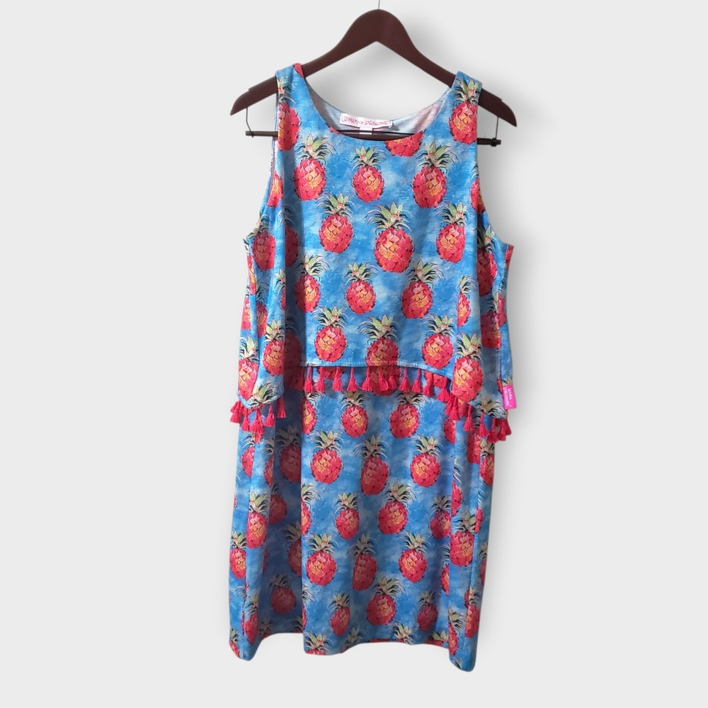 Leoma Lovegrove Pineapple Print Tassel Trim‎ Dress Blue Pink Sleeveless Large